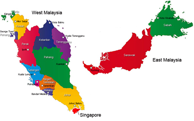 خريطة توضيحية لولايات ماليزيا 